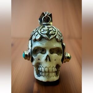 Handcrafted Bone Skull Pendant,Set In Tibetan Silver & Turquoise,2”in & 27grams